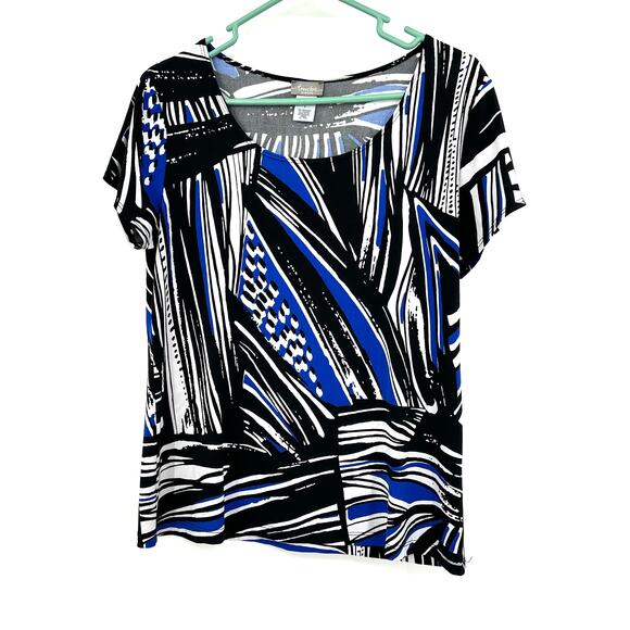 Travelers by‎ Chicos Size 1 Shirt Black Abstract Short Sleeve Blouse Stretch - Picture 1 of 3